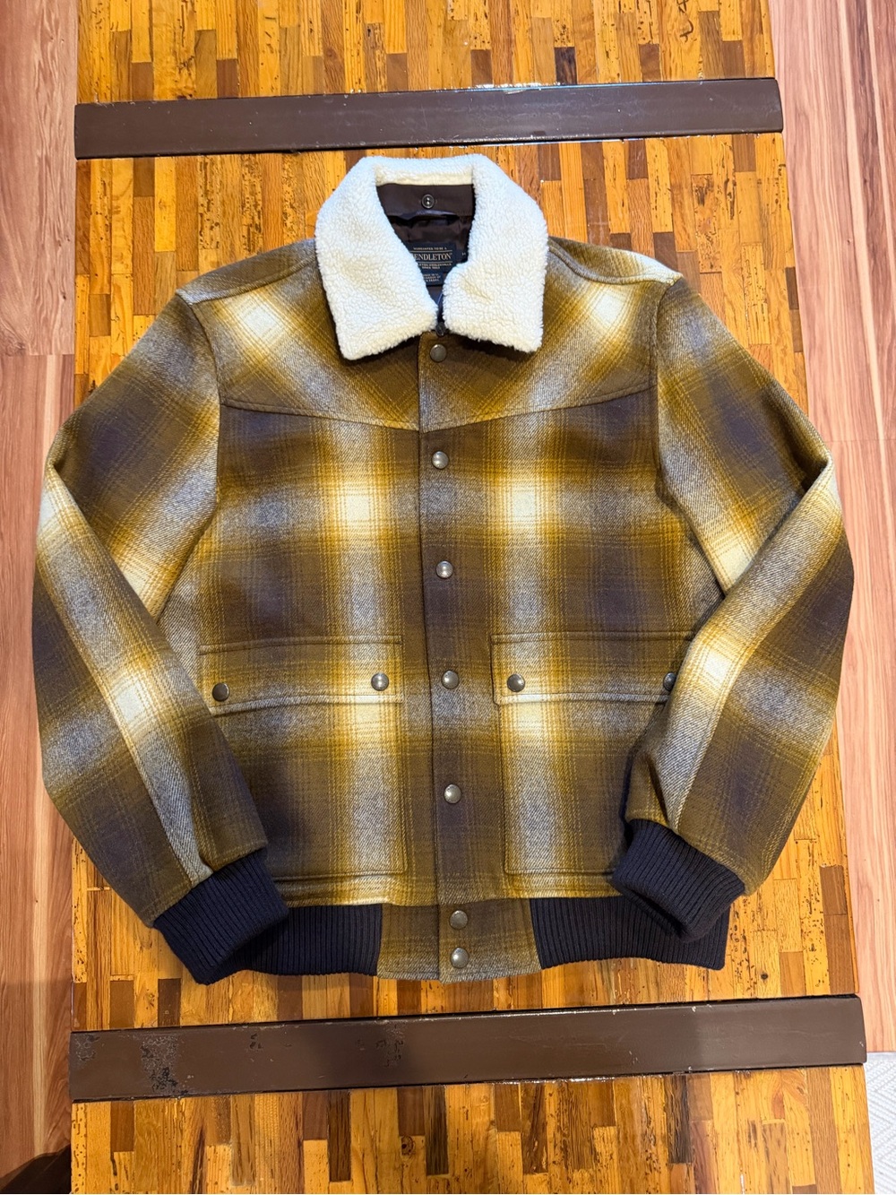Pendleton Yellow & Brown Plaid Sherpa-Collar Bomber Jacket Vintage Style NWT